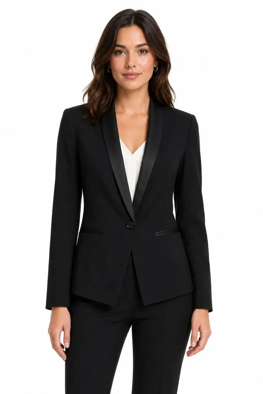 LOFT Black Tuxedo Blazer Jacket Petite 2P Satin Trim Career Formal